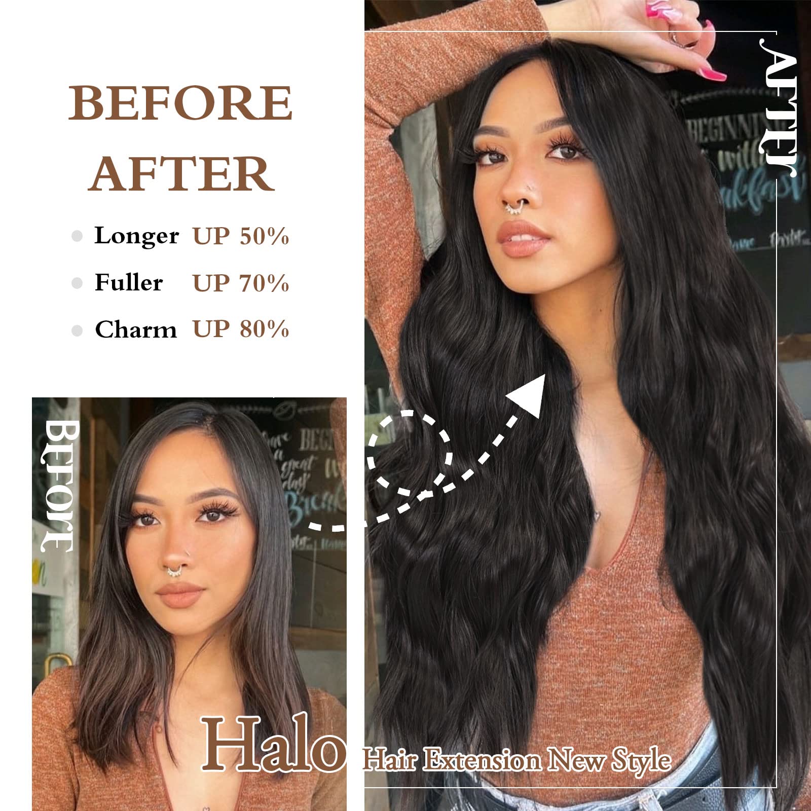 BUPPLER Halo Hair Extensions 20 Inch Invisible Wire Hair Extensions Adjustable Long Wavy Hairpiece Synthetic Upgrade 4 Secure Clips in Hairpieces 20 Inch,Pure Black - Image 4