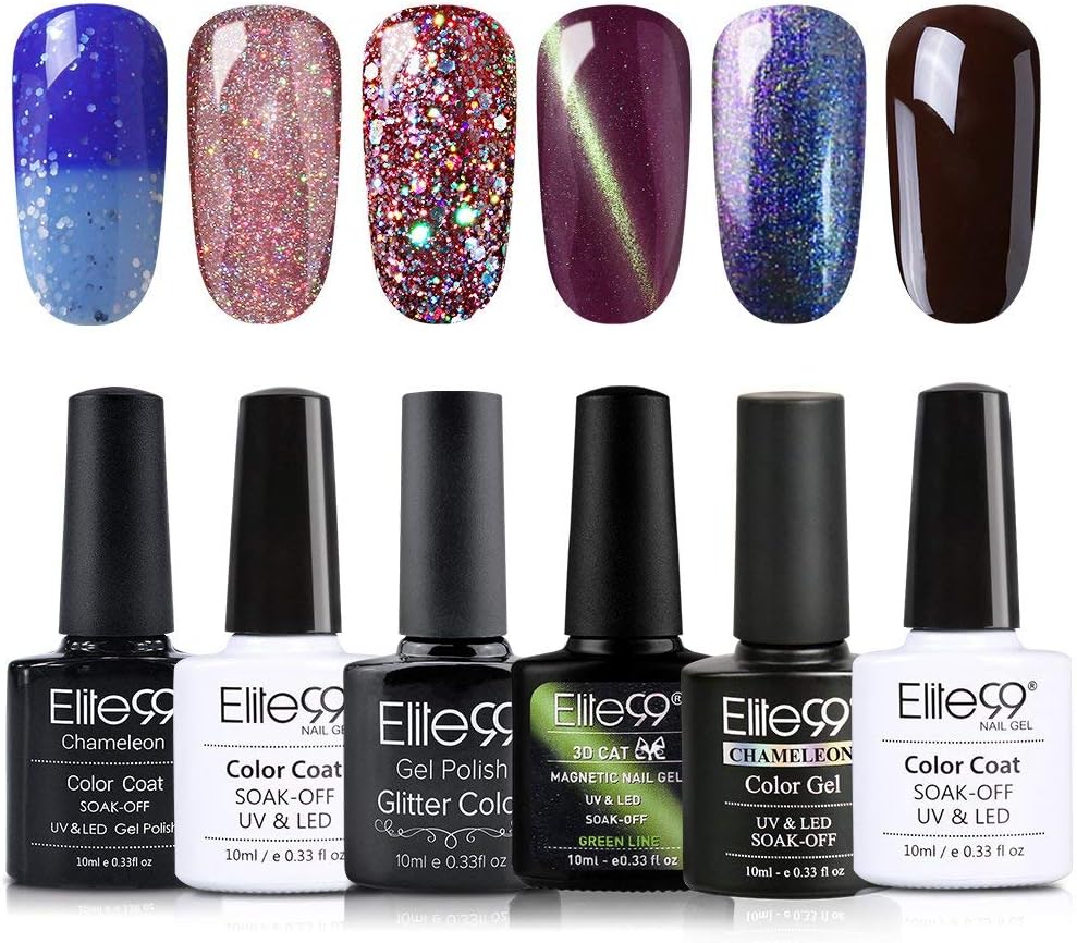Elite99 Gel Nail Polish Set 6PCS Soak Off Gel Lacquer 3D Cat Eye Gel with Magnet Stick, Color Changing Gel,Glitter Gel, Chameleon Chameleon Gel,Rainbow Gel,Brown Gel