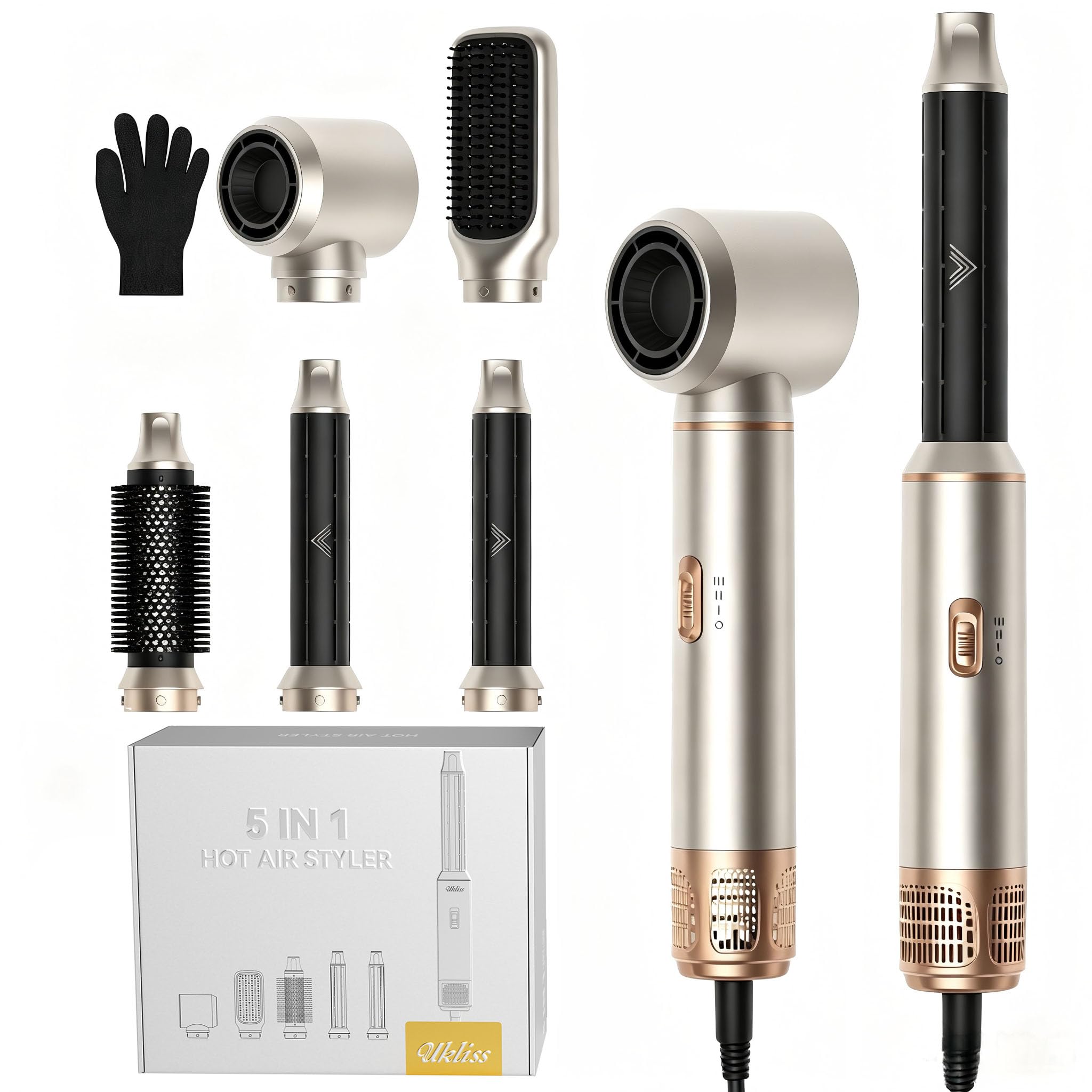 UKLISS Air Styler Brosse Soufflante 5 in 1, Seche Cheveux Ionique, Boucleur d'air Boucleur a Cheveux, Hair Styler Multifonctionnelle Professionnel,Pour Cheveux Bouclés, Sécher les Cheveux