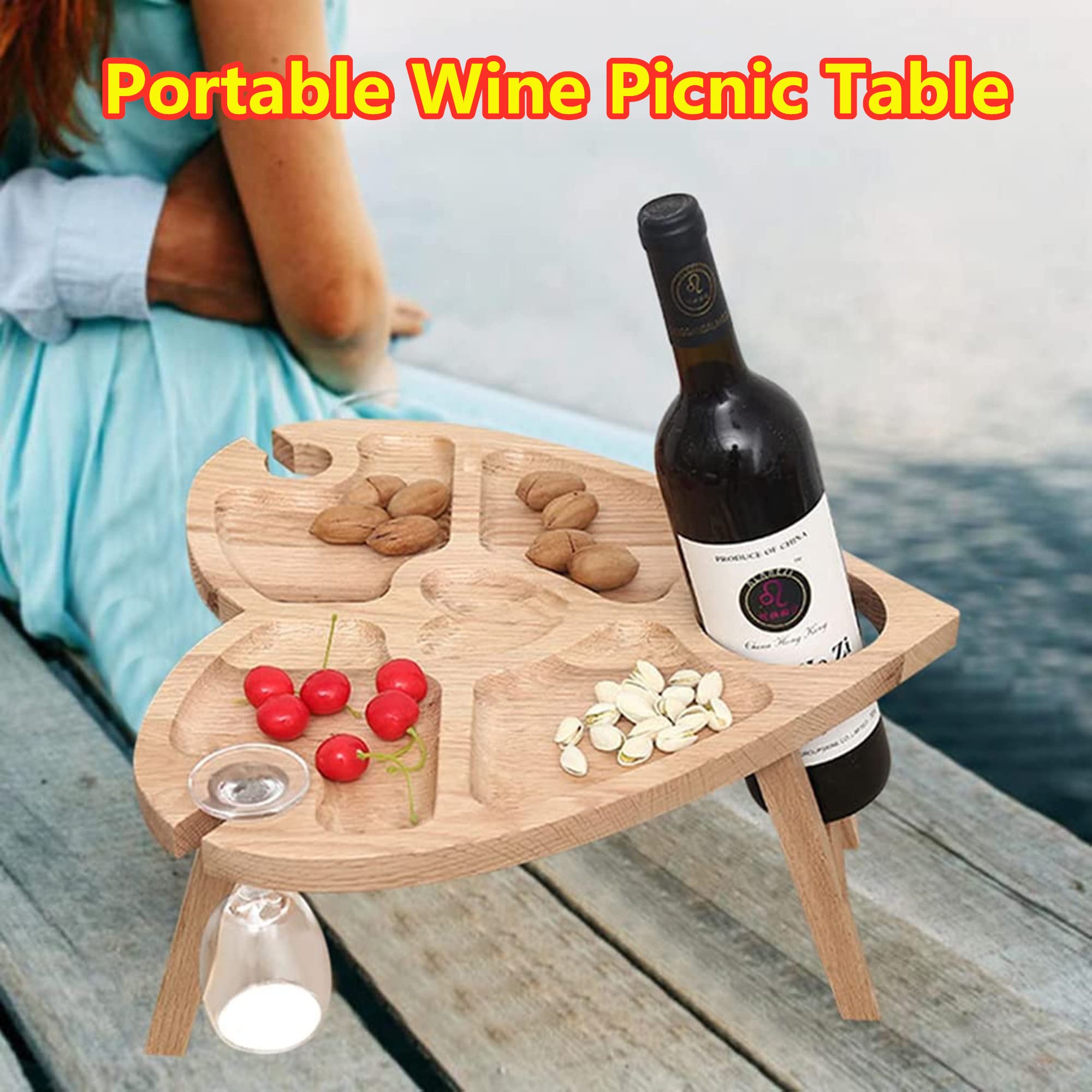 GWMWON Tragbarer Weintisch für den Außenbereich, 5 Fächer, Snack-Obst-Serviertablett, Holz-Weinregal-Organizer, 2 Weinglashalter, 1 Weinflaschenhalter, für Reisen, Camping