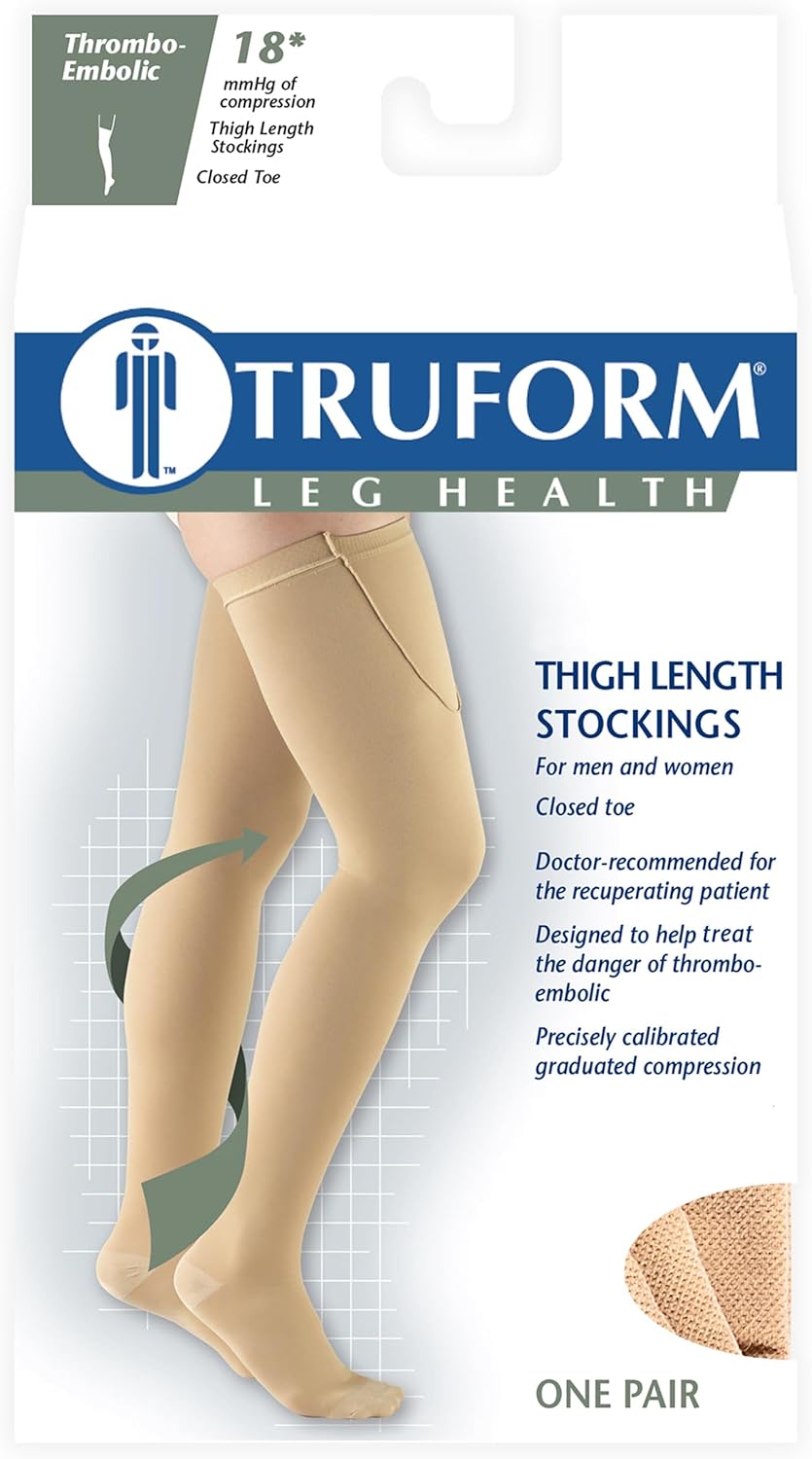 Truform Surgical Stockings, 18 mmHg Compression for Men and Women, Thigh High Length, Closed Toe, Beige, X-Large (Pack of 2)