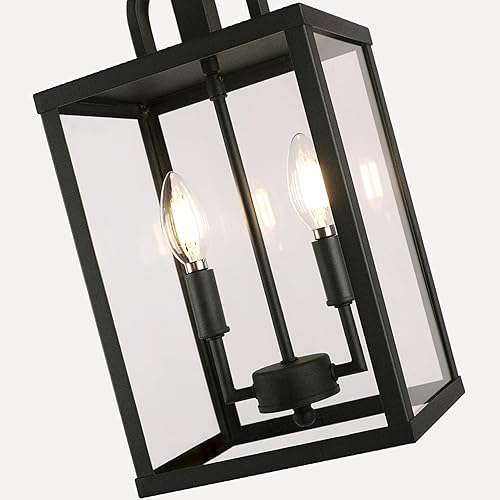 Miniatura 4 de Lámpara colgante grande para interiores y exteriores, 2 luces, moderna lámpara de metal negro para exteriores, soporte de techo con pantalla de