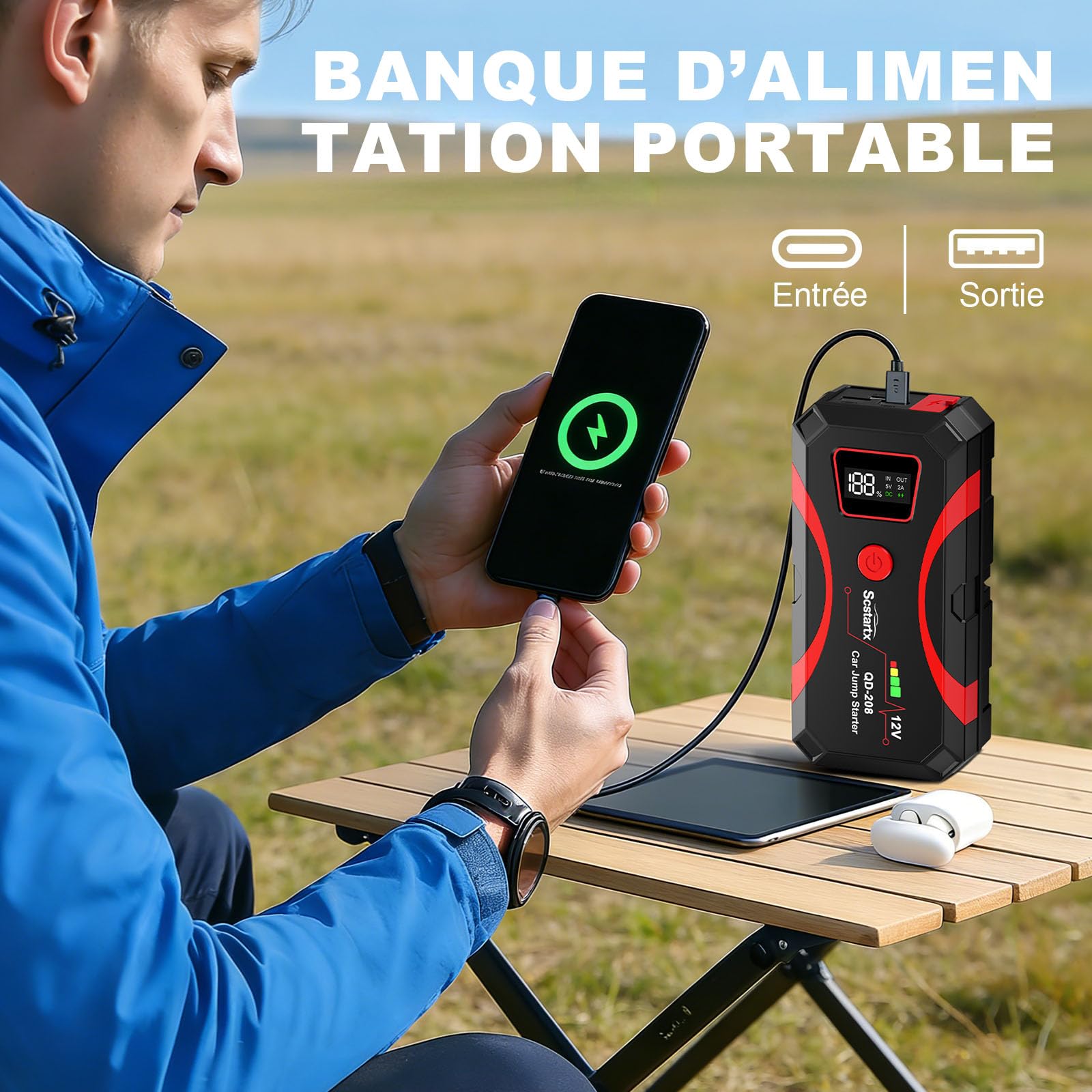 Démarreur de Saut de Batterie de Voiture, Batterie de Puissance Portable 2000A Peak Jump Box pour Moto jusqu'à 8L gaz et 6L Diesel 3 Modes Lampe de Poche et Pinces de Saut de sécurité