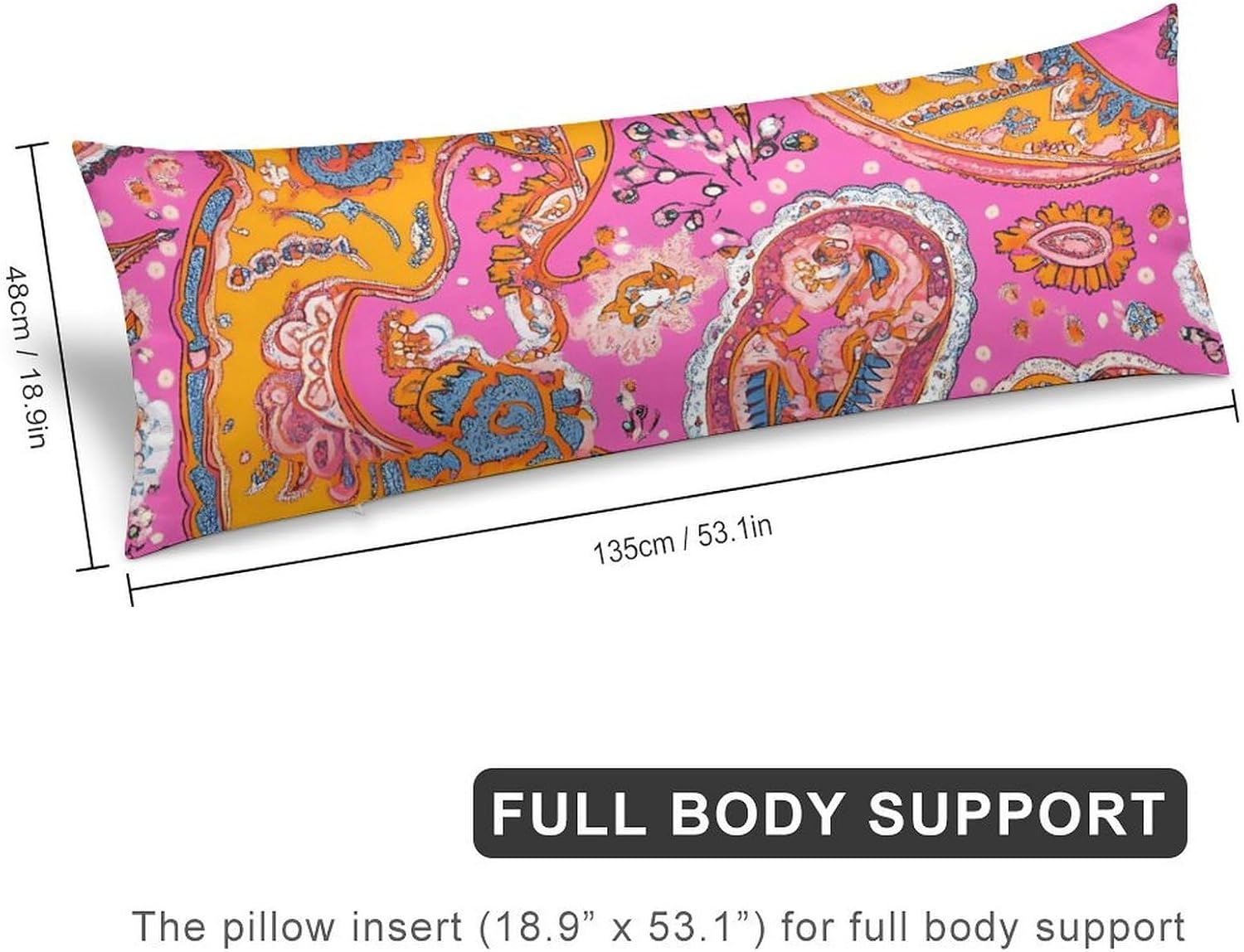 Vintage Paisley Pinkcolor Body Pillow Cover Long Cushion 18.9x53.1 Inch | pillowcase,bed decor,farmhouse,sofa