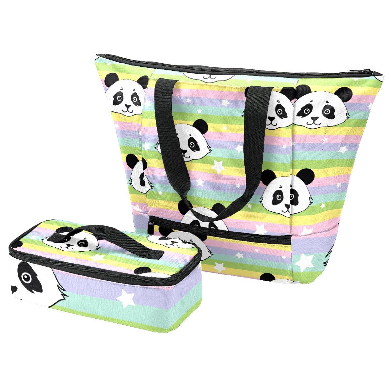 Sac fourre-tout et boîte à déjeuner isotherme panda arc-en-ciel multicolore pour école et travail