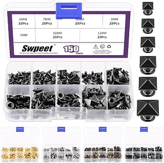 Swpeet 150Pcs 6 Sizes 6mm/7mm/8mm/9mm/10mm/12mm Gun Black Spike Rivet Pyramid Rapid Rivet Studs Kit, Square Rivets Metal Pyramid Fits for Bag Leather Clothing Shoes Rivet Handicraft DIY Punk