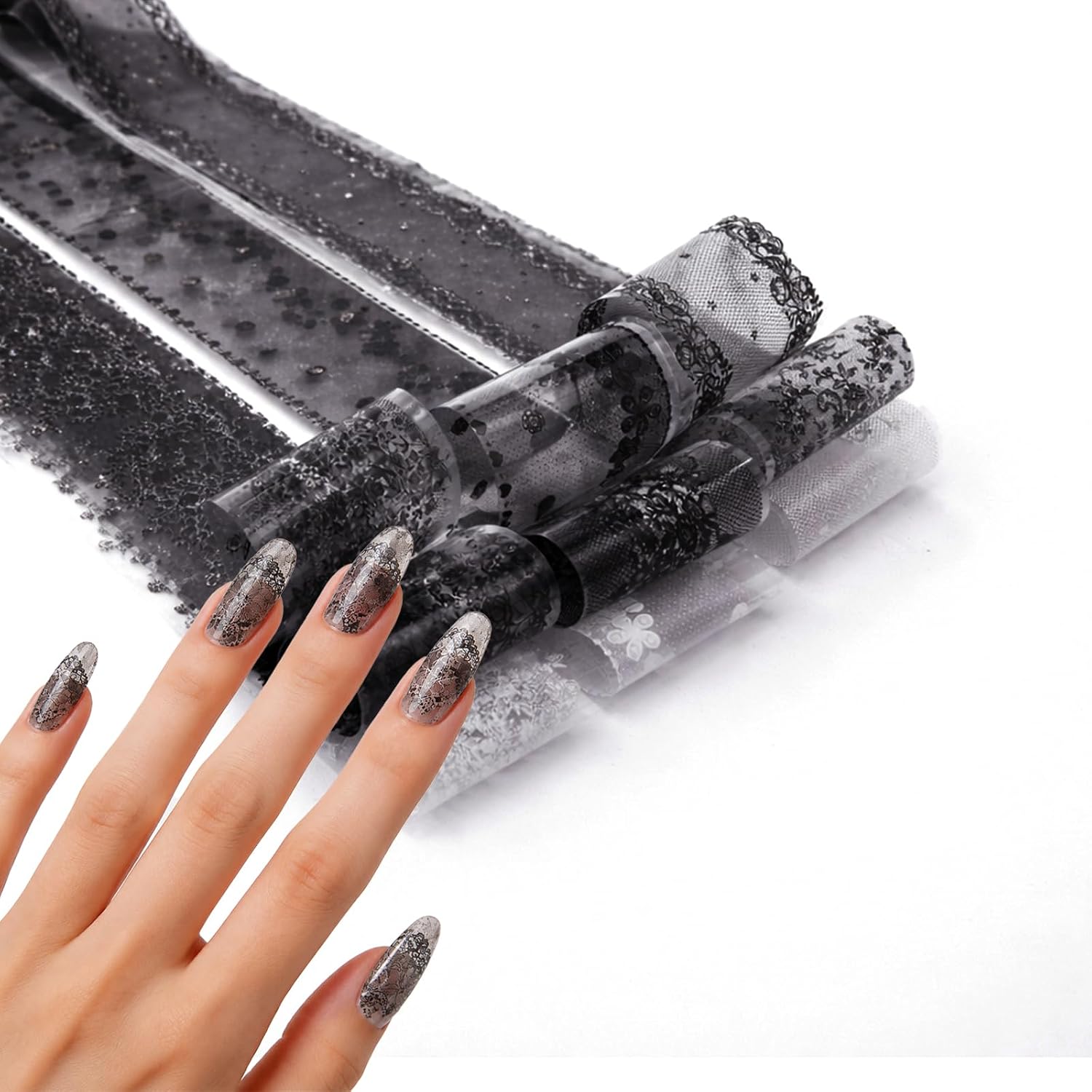 WOKOTO 2 Boxes Lace Nail Transfer Foils, 20 Rolls Starry Paper 1.6 x 39.4in, White, Black & Colorful Flower Lace nail Transfer Stickers Wraps, DIY Flower Lace Nail Foils Nail Art Stickers For Nails