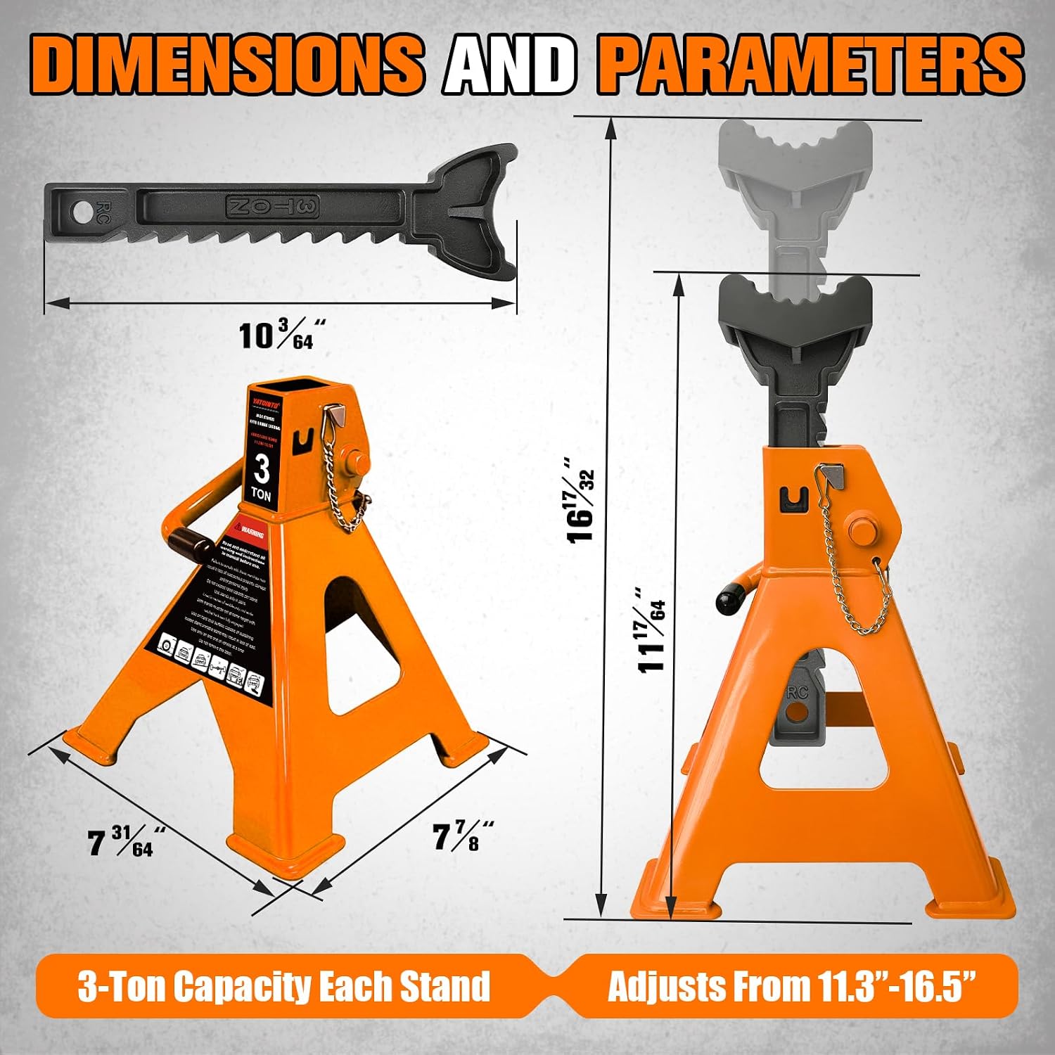 YATOINTO 3 Ton Jack Stands Heavy Duty 6,600 LBS, Car Jack Stand for Trucks with Double Pin Locking & Extra Rubber Pads, 11.3"-16.5" Adjustable for Garage, Home, DIY,1 Pair High Visibility Orange