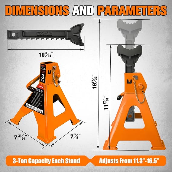 YATOINTO 3 Ton Jack Stands Heavy Duty 6,600 LBS, Car Jack Stand for Trucks with Double Pin Locking & Extra Rubber Pads, 11.3-16.5 Adjustable for Garage, Home, DIY,1 Pair High Visibility Orange