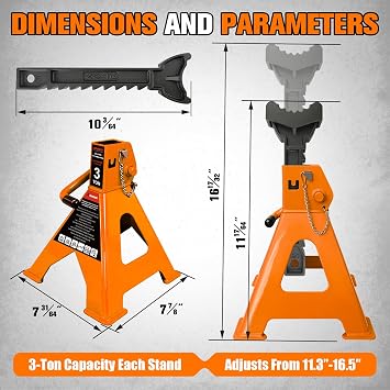 YATOINTO 3 Ton Jack Stands Heavy Duty 6,600 LBS, Car Jack Stand for Trucks with Double Pin Locking & Extra Rubber Pads, 11.3-16.5 Adjustable for Garage, Home, DIY,1 Pair High Visibility Orange