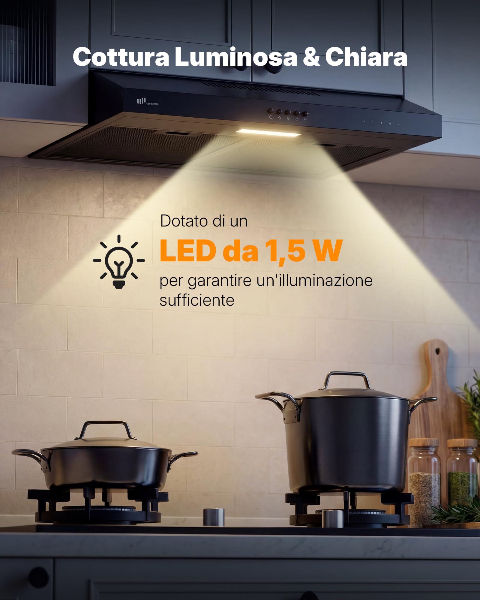 Upstreman Cappa Aspirante 60 cm，Classe A+++, 3 Velocità (220 m³/h), Ricircolo & Aspirazione con Filtro a Carbone, 61 dB, Luce LED 1,5 W, HU60, Nero