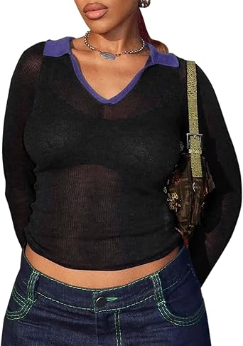 sedmoda Women Sexy Long Sleeve Polo Shirts Lapel V Neck Sheer See Through Crop Tops Blouses