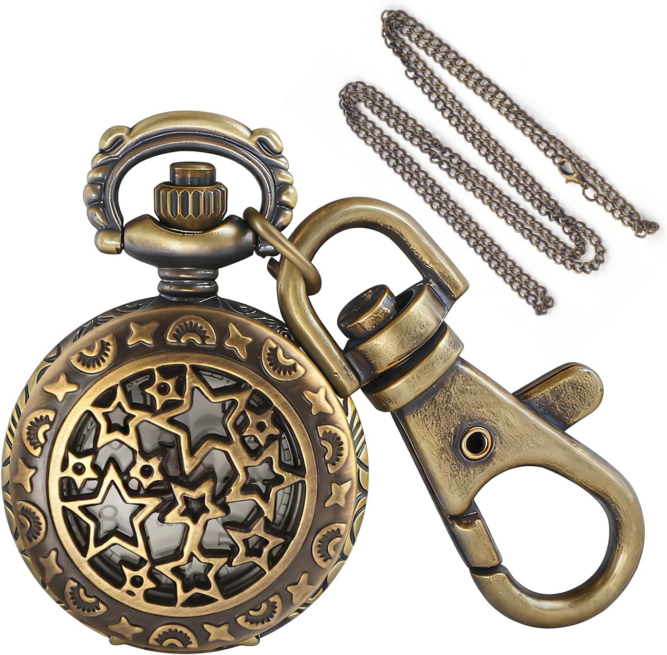 Tiong Star Hollow Design Men's Quartz Pocket Watch, Vintage Souvenir Gift Keychain and Chain Dual-Use Pocket Watch