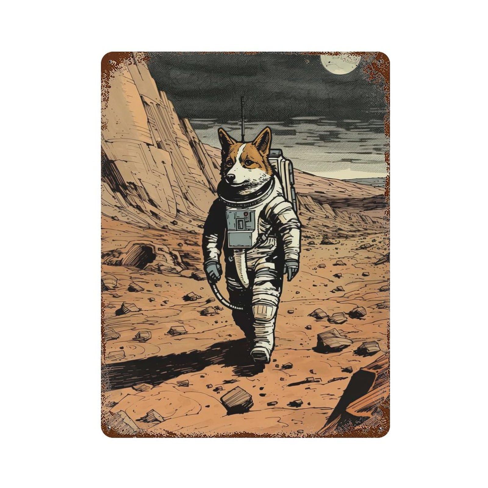 Distressed Metal Wall Sign Corgi Astronaut On Mars 15.7"x11.8", Decorative Metal Wall Art for Farmhouse, Kitchen And Entryway Decor