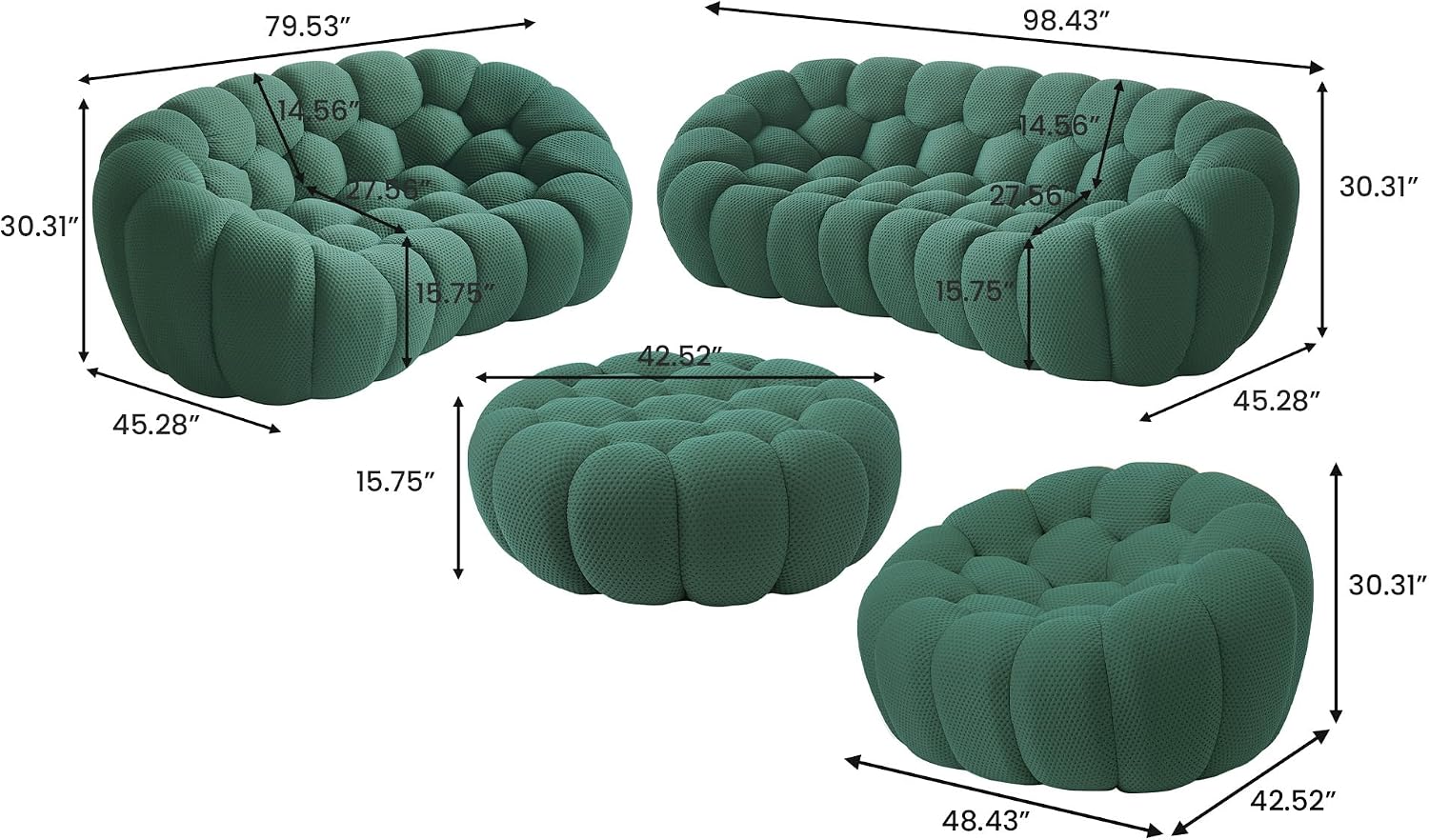 WJShome Bubble Sofa Curved Couch Set, Breathable Mesh Fabric Bean Bag Sofa, 3D Honeycomb Shape Modern Couches for Living Room (Green, 1 Seater, 2 Seater, 3 Seater, Ottoman)