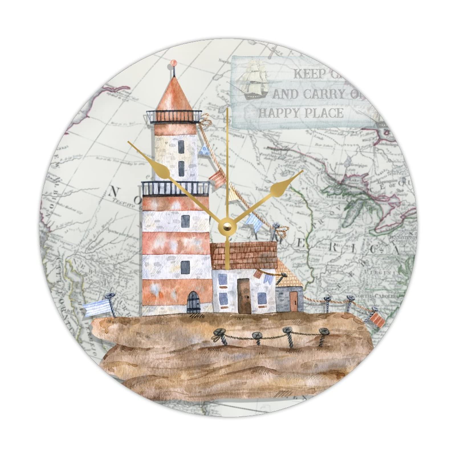 Horloge murale en bois décoration phare nautique 38,1 cm pour cuisine et maison