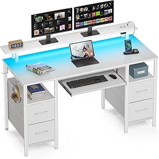 Rolanstar Schreibtisch mit Schubladen, 120x47cm Gaming Tisch mit Steckdose, LED & Monitorständer, Computertisch mit Tastaturablage, Gaming Schreibtisch für Home Office, Büro, Wohnzimmer, weiß
