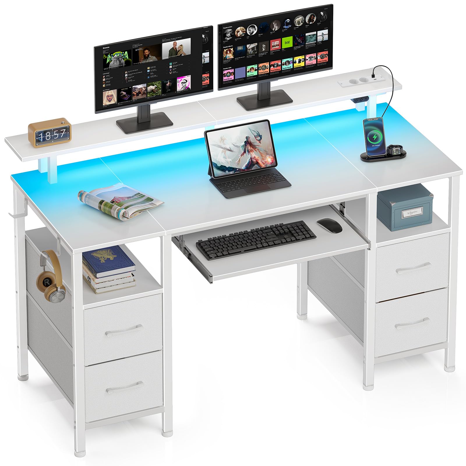 Rolanstar Schreibtisch mit Schubladen, 120x47cm Gaming Tisch mit Steckdose, LED & Monitorständer, Computertisch mit Tastaturablage, Gaming Schreibtisch für Home Office, Büro, Wohnzimmer, weiß