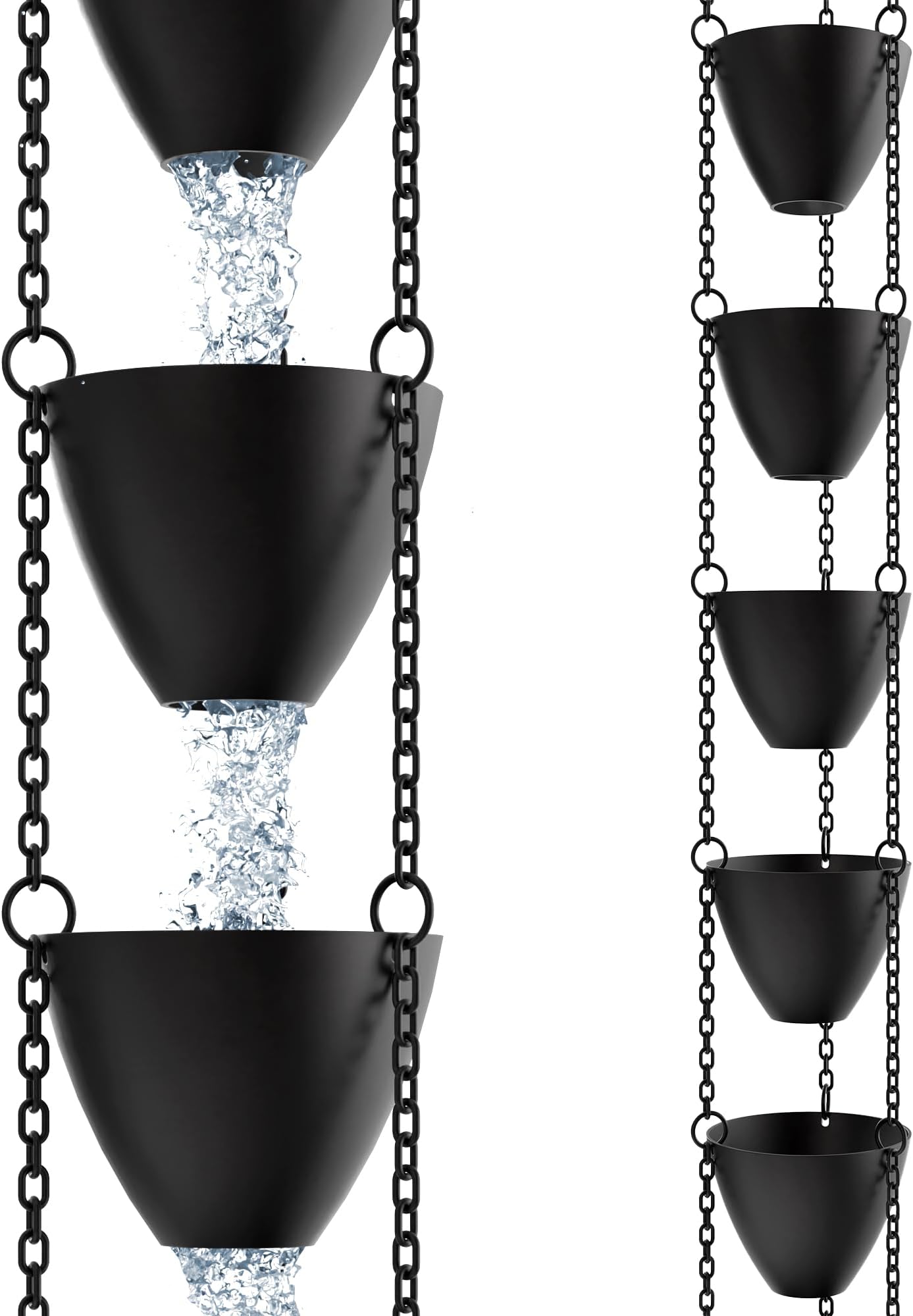 Rain Chains Direct Cascading Bowls Rain Chain - High Water Capacity - for 8-10 Foot Drops - Heavy Duty - Large Cups - Durable Black Powder-Coated Aluminum - Premium Rain Chains for Gutters