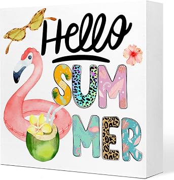 Funny Summer Desk Decor,Hello Summer Wooden Box,Swimming Pool Wooden Decorations,Summers Decorations for Home Shelf Table Decor