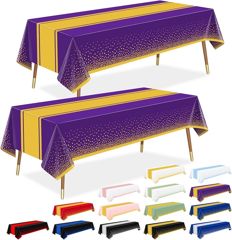 LANLISA Purple and Gold Tablecloth Graduation Decorations 2025 2 Pack, Disposable Plastic Table Cloths for Birthday Masquerade Retirement Party Decor