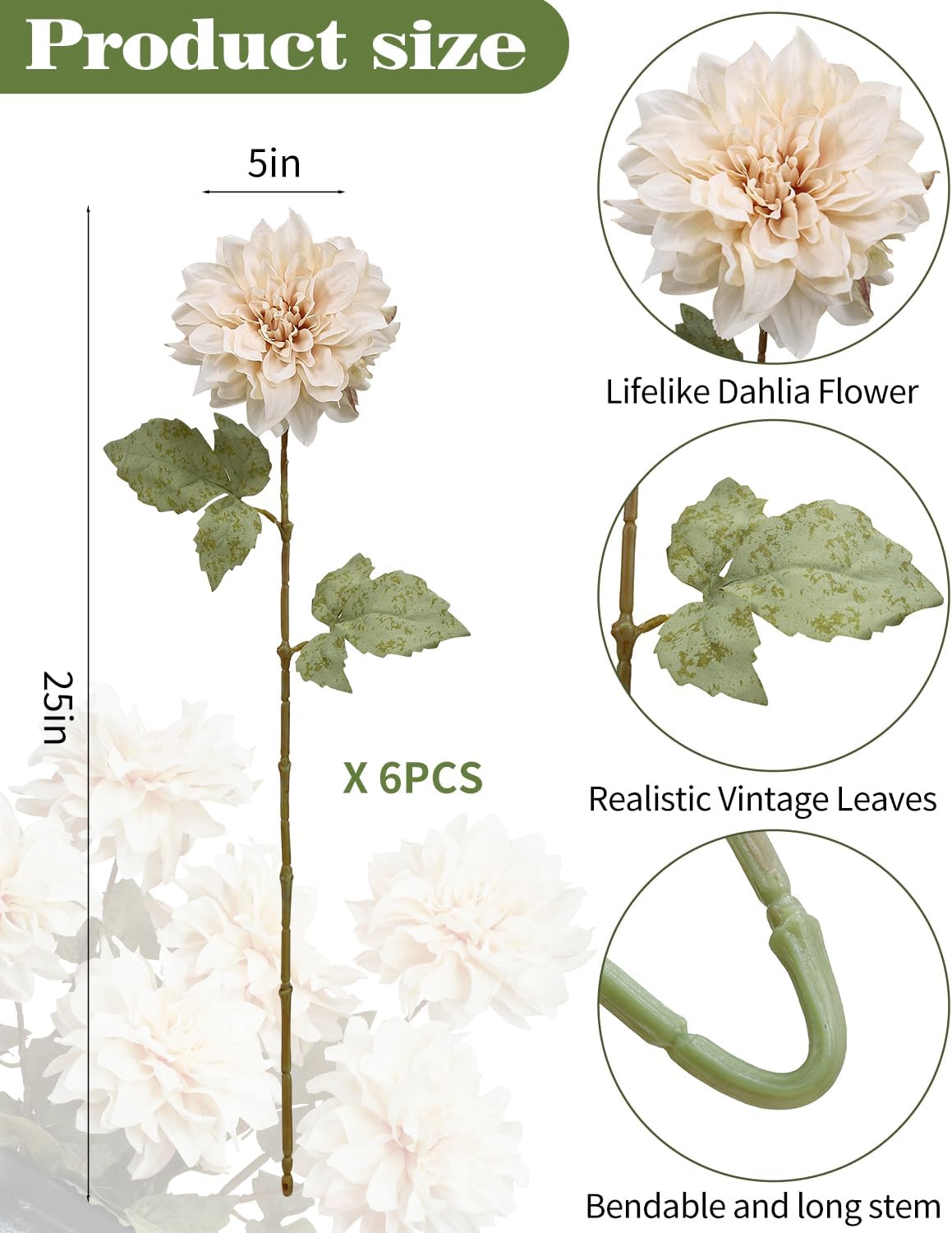 DuHouse 6PCS Artificial Dahlia Flowers,23.5" Long Stems Fake Flowers for Home Decor Wedding Centerpieces,DIY(Light Champagne)