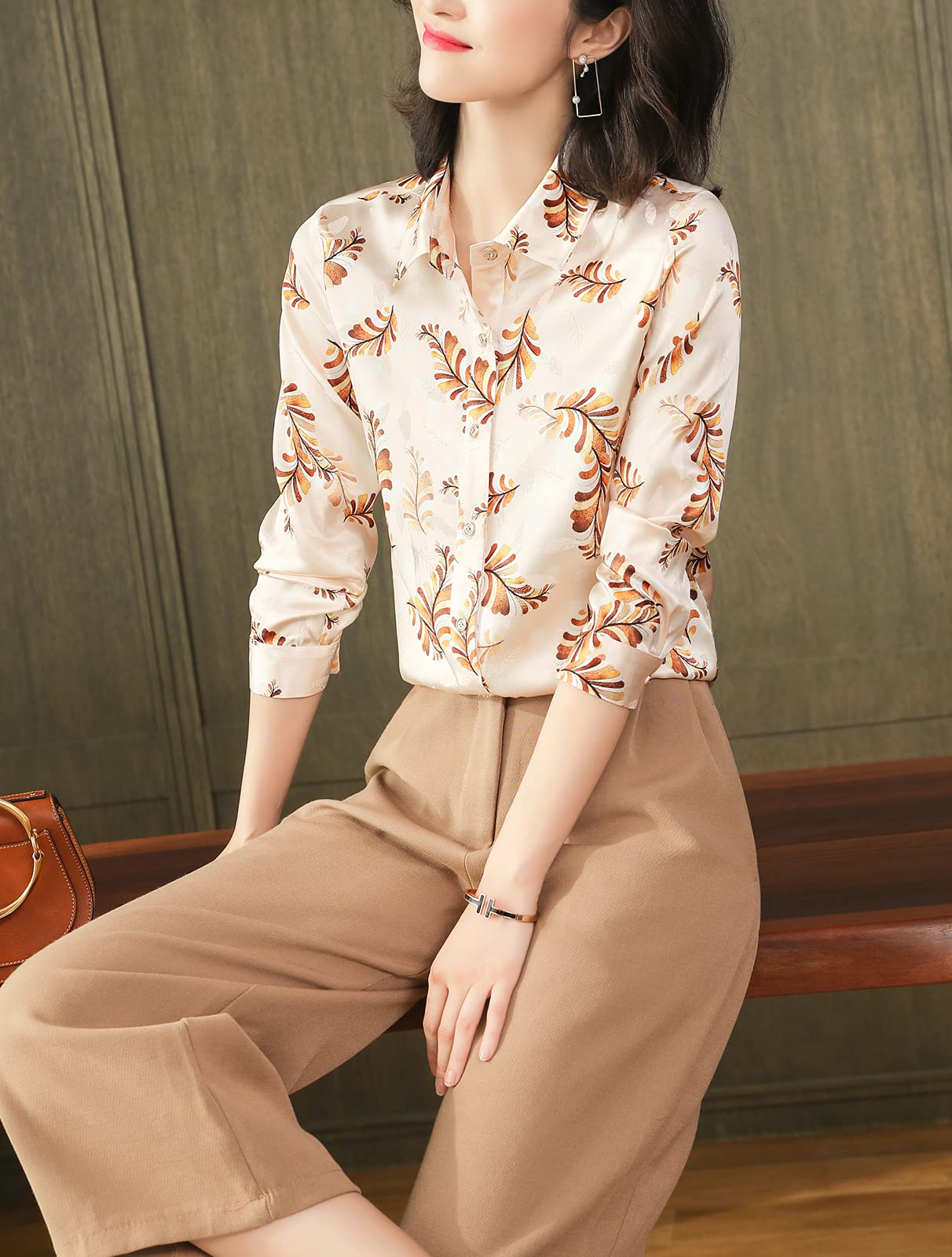 E-girl Blusa de seda para mujer con estampado de botones camisas de mujer blusa de manga larga solapa blusa de seda, S6618