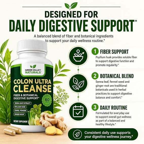 Colon Ultra Cleanse Daily Digestive Health & Regularity Support Psyllium Husk, Senna Leaf, Ginger & Fennel NAC & Goldenseal Non-GMO Made in USA 60 Capsules Green Valley Naturals