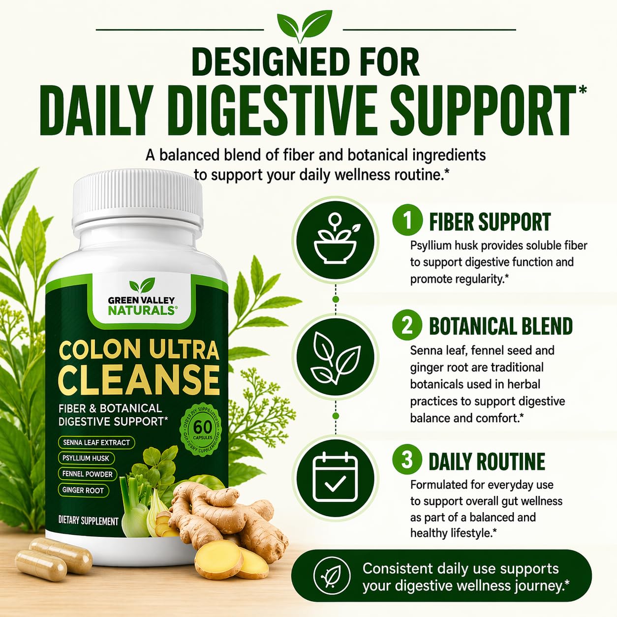 Colon Ultra Cleanse │ Daily Digestive Health & Regularity Support │ Psyllium Husk, Senna Leaf, Ginger & Fennel │ NAC & Goldenseal │ Non-GMO │ Made in USA │ 60 Capsules │ Green Valley Naturals — Amazon image 4