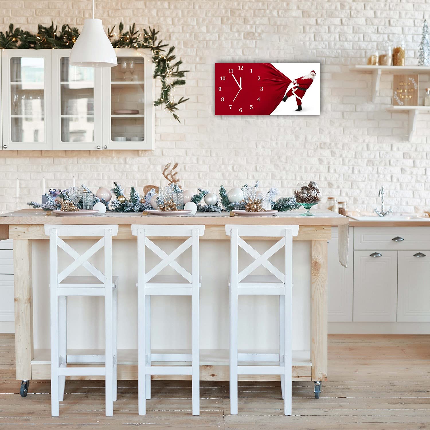 Tulup Zegar Świąteczny Na Ścianę Święta Poziomy Prostokatny 60x30cm Białe Wskazówki Prezent Ze Szkła Boże Narodzenie Ścienny Dekoracja Świąteczna Szklany Zegar - Święty Mikołaj