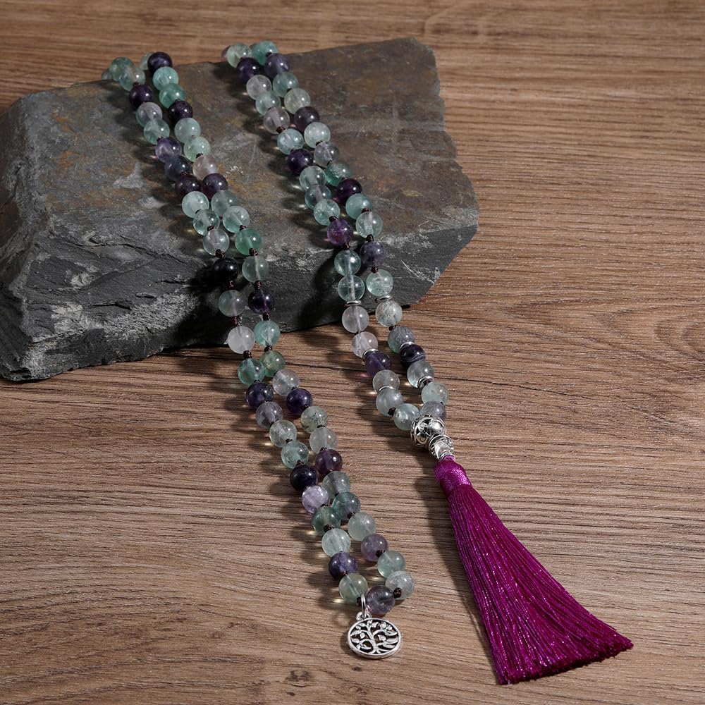 Generisch 108 Mala-Perlen-Knotenkette für Damen,Natürliches Buntes Fluorit-Armband,Lange Halskette Mit Quaste und Lebensbaum-Anhänger,Gebet,Spirituelle Meditation,Schmuck,Geschenke