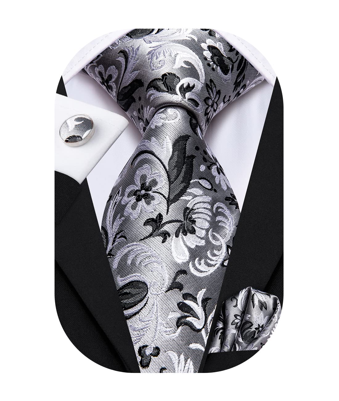 Hi-TieMen Tie Set Silk Necktie with Pocket Square Cufflinks Set Striped Necktie for Wedding Business