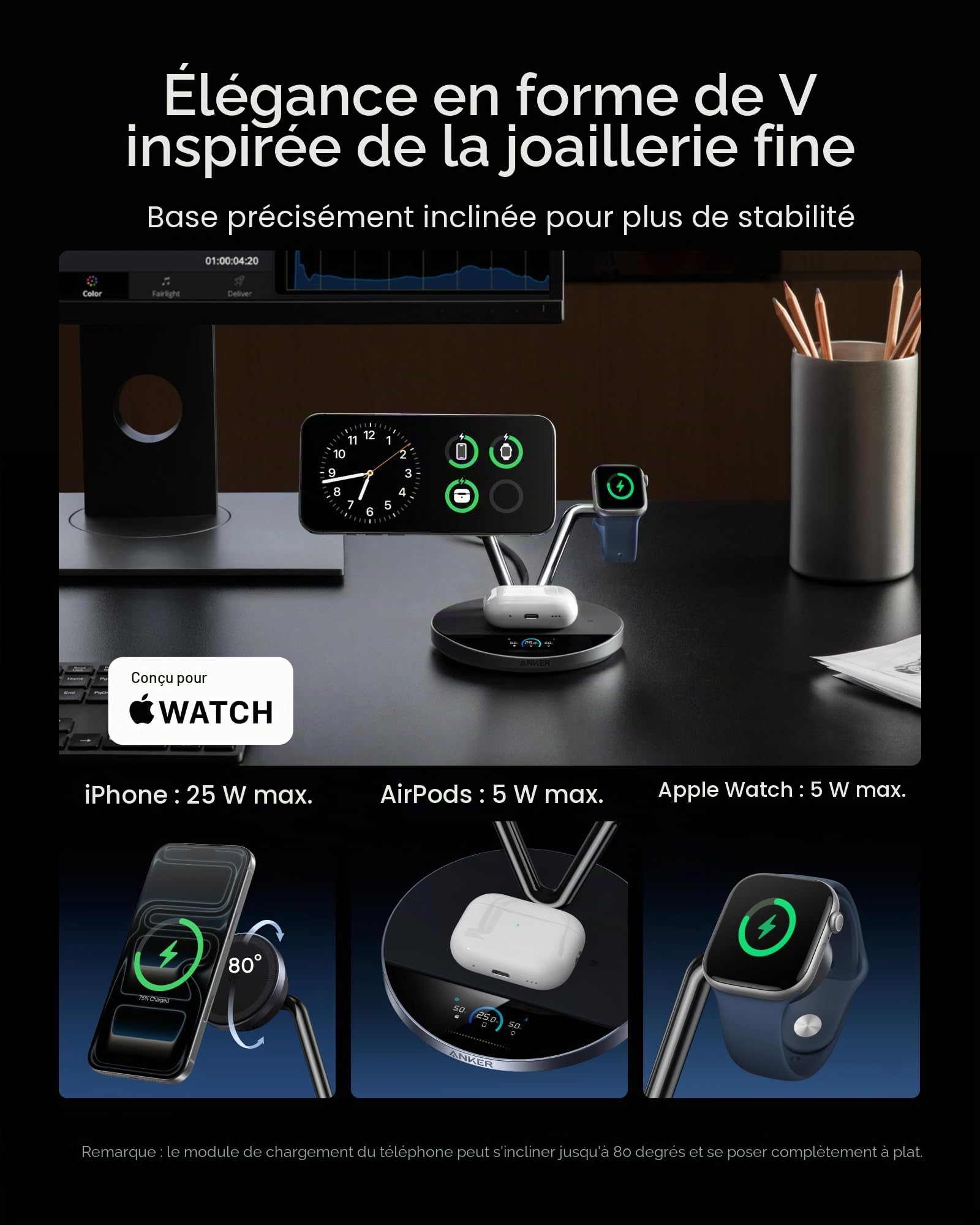 Anker Station de Charge 3 en 1 Compatible avec Prime MagSafe, Station de Charge sans Fil Qi2 25 W, écran Intelligent avec Refroidissement Actif TEC, pour iPhone 17, Apple Watch, AirPods, et Plus