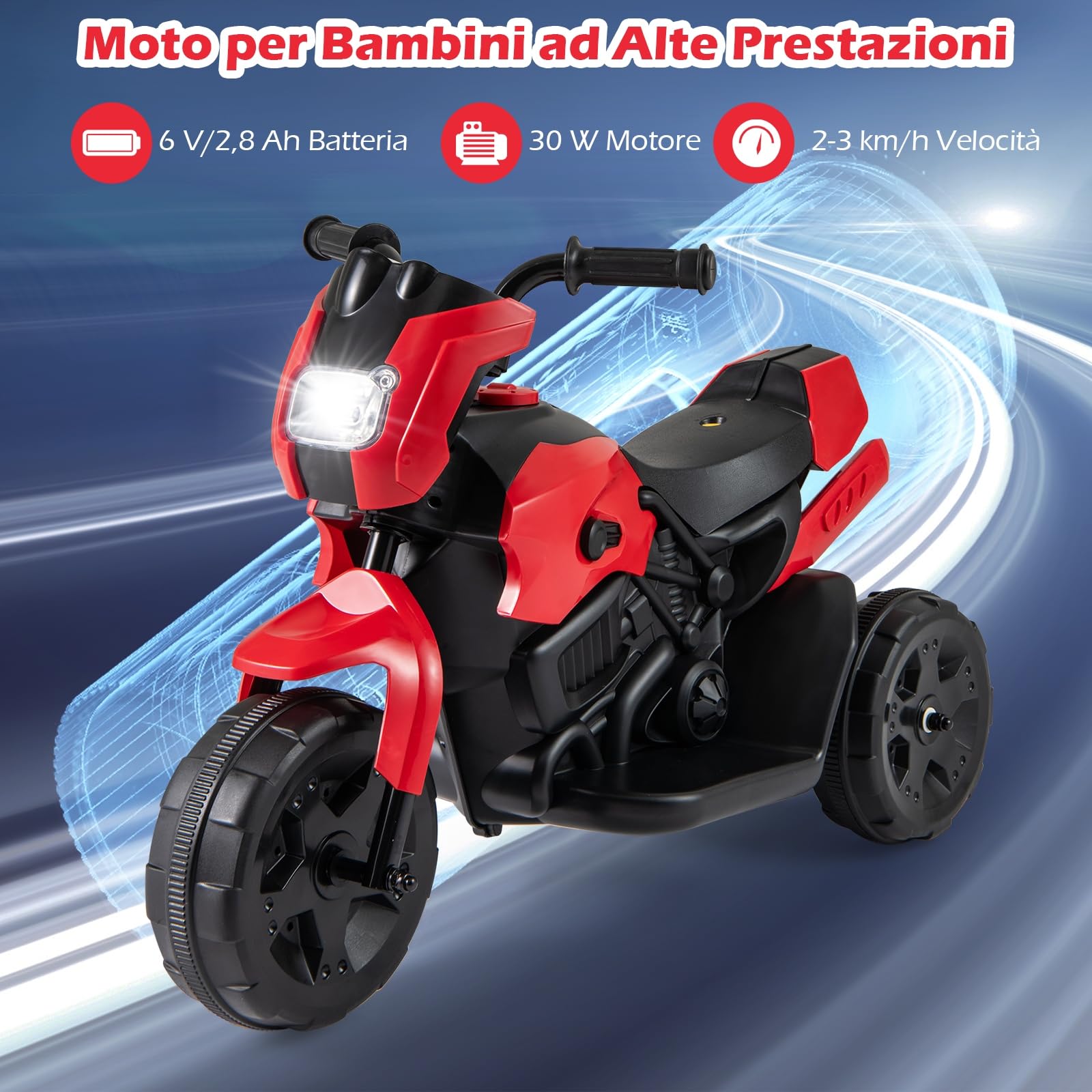 COSTWAY 6V Moto Elettrica per Bambini, Moto a 3 Ruote con Fari LED, Pedale a Piedi, Veicolo Elettrico a Batteria per Bambini 37-72 Mesi (Rosso)