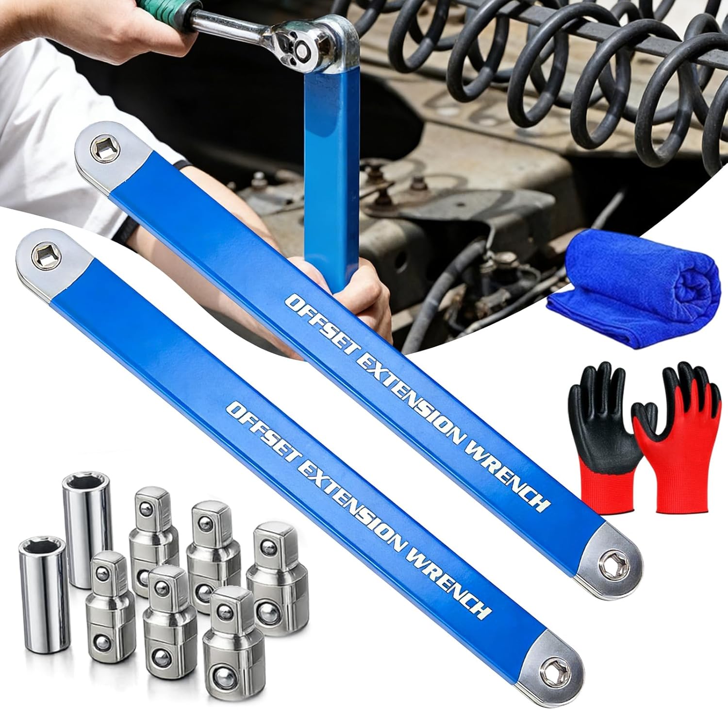 PRO - Offset Extension Wrench Set, 15-Inch Impact Ready Tight Reach Tool with 1/4", 3/8" & 1/2" Drive Adapters - High Torque Zero Offset Ratchet Extender for Automotive Hard-to-Reach Spaces (Blue*2)