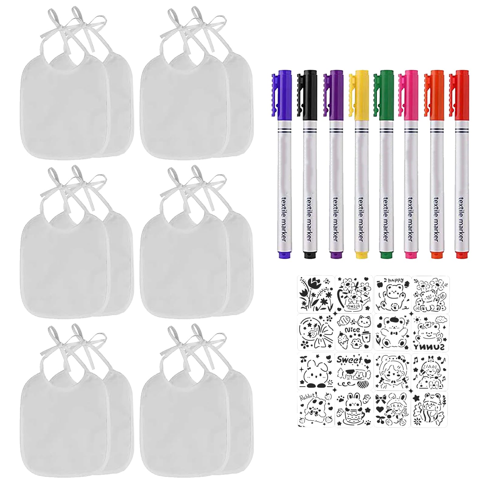 KOAHDE White Bibs for Painting - Baby Bibs with 14 Saliva Towels, 8 Textile Pens and 16 Painting Stencils