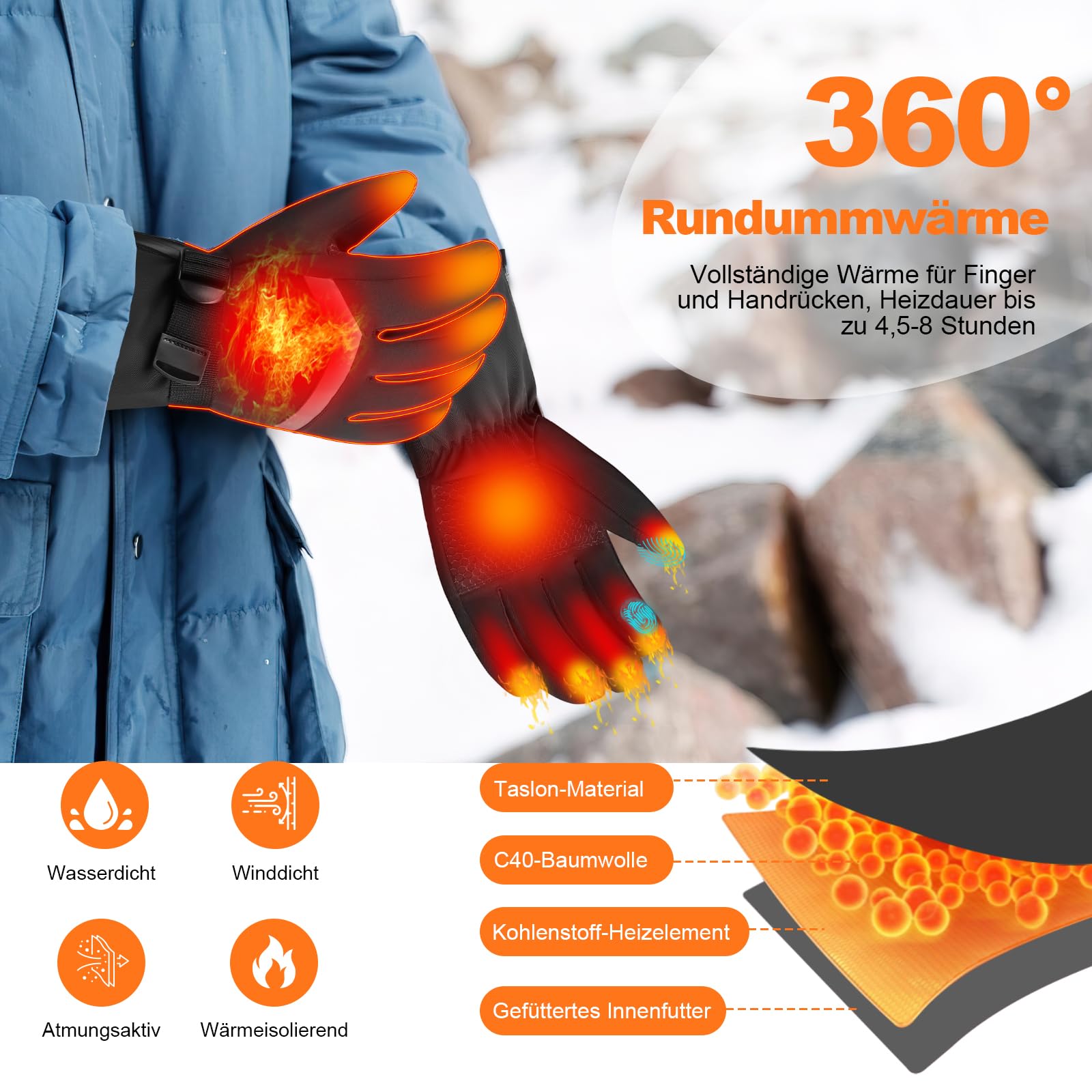 Gants Chauffants Rechargeables Homme Femme, 3 Températures Réglables Tactile Imperméable, Gants Chauffants pour Ski Moto Randonnée Hiver, Taille M/L/XL