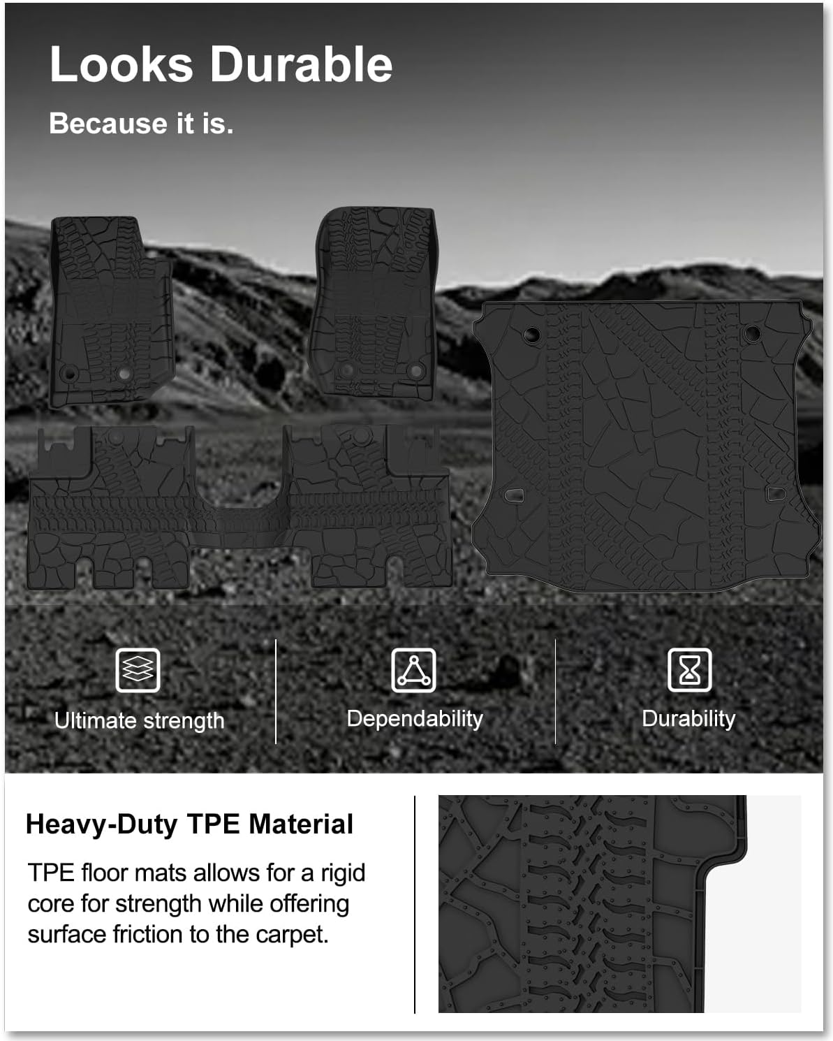 KIWI MASTER Floor Mats & Cargo Mat for 2014-2018 Jeep Wrangler JK 4 Door, OEM Replacement 82213860 82213184, All Weather Car Mats, Heavy Duty TPE Floor Liners, Front & Rear & Trunk Mat Set, Black