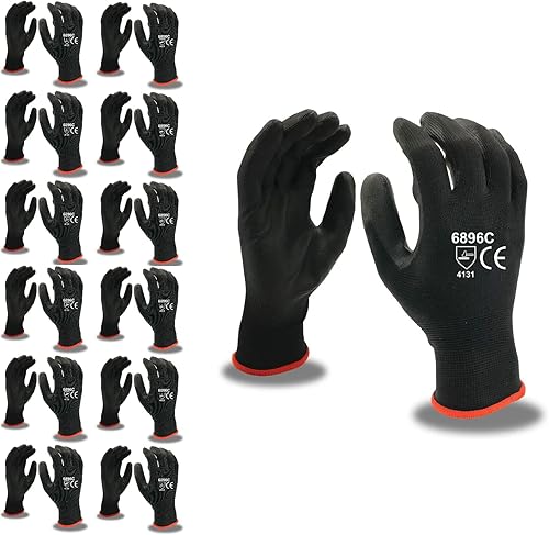 Cordova Guantes estándar de 2,715.0 in, calibre 13, carcasa de nailon negro, revestimiento de palma de poliuretano negro, mediano, paquete de 12