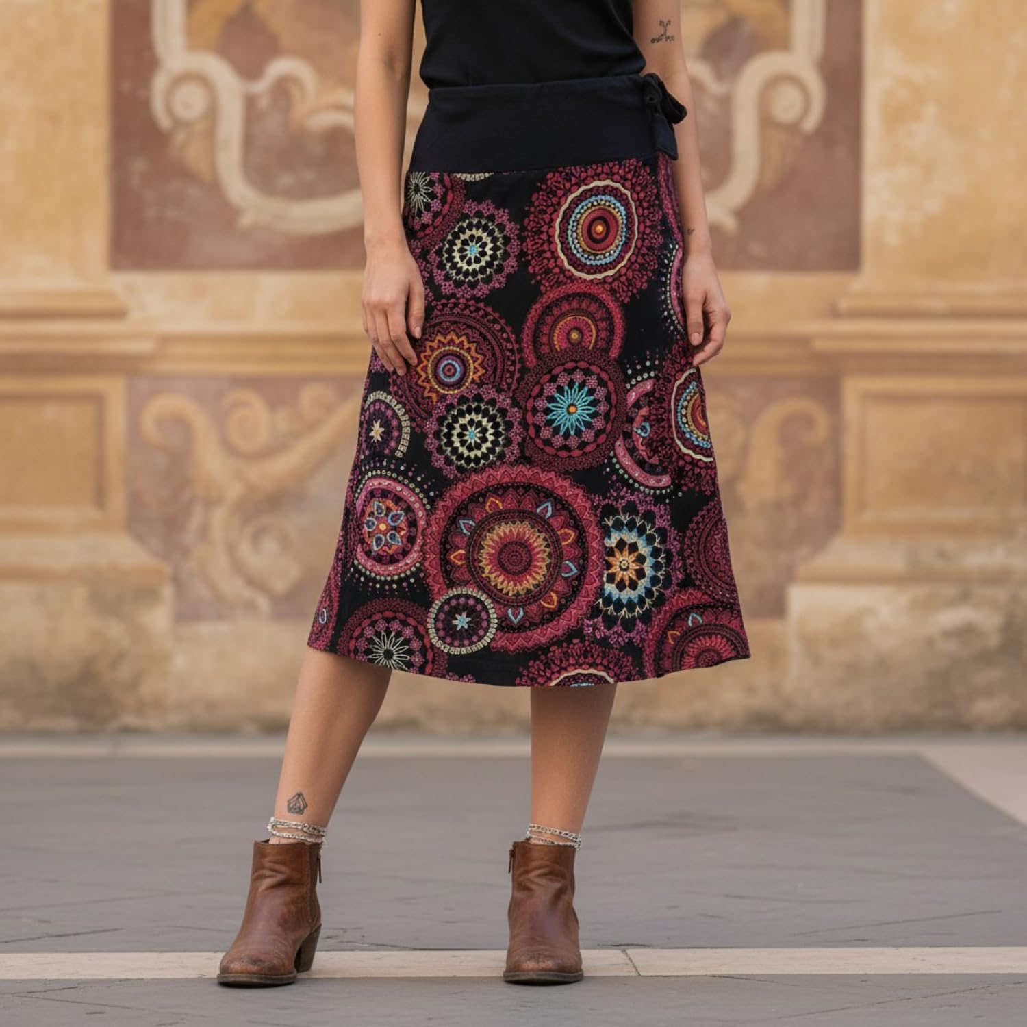 GURU SHOP Bestickter Knielanger Rock, Chic, Retro Mandala - Schwarz, Damen, Baumwolle