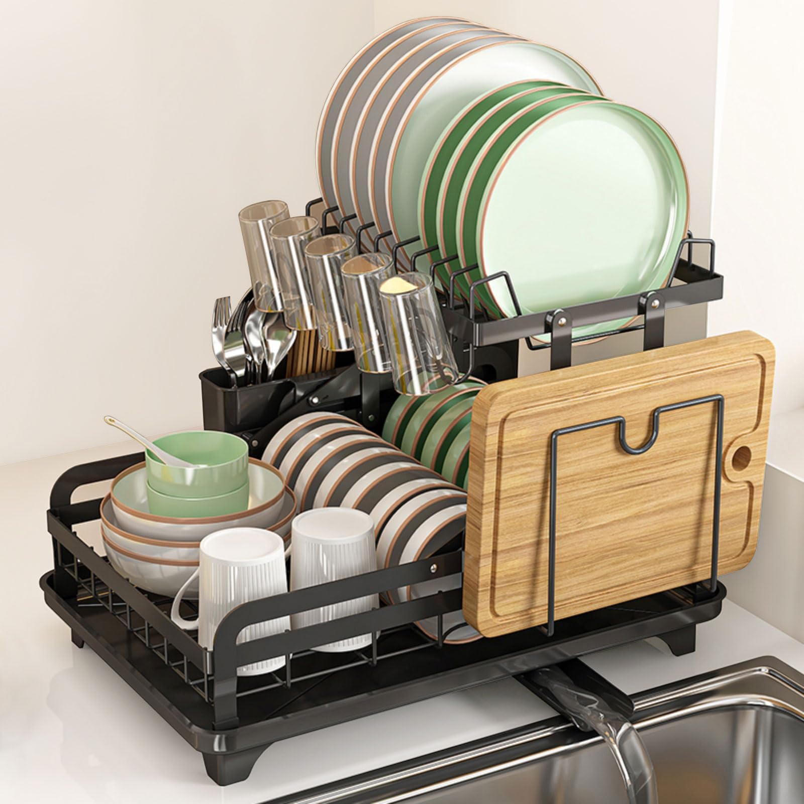 Dish Drying Rack Large Size Without Installation 2-Tier Metal Dish Racks for Kitchen Counter with Drain Board Multifunctional Storage and Drainage (Black)