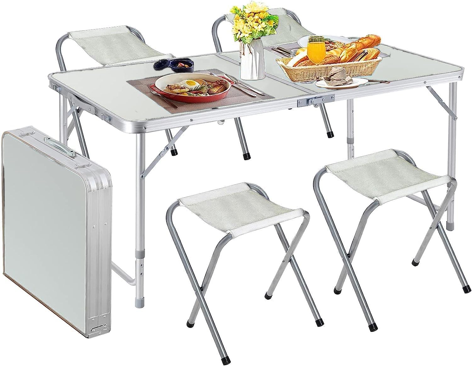 Lufjika Addpluse Enterprise Outdoor Aluminum Portable Folding Camp Suitcase Picnic Table with 4 Seats with Umbrella Portable Aluminium Folding Picnic Table with Chair Set