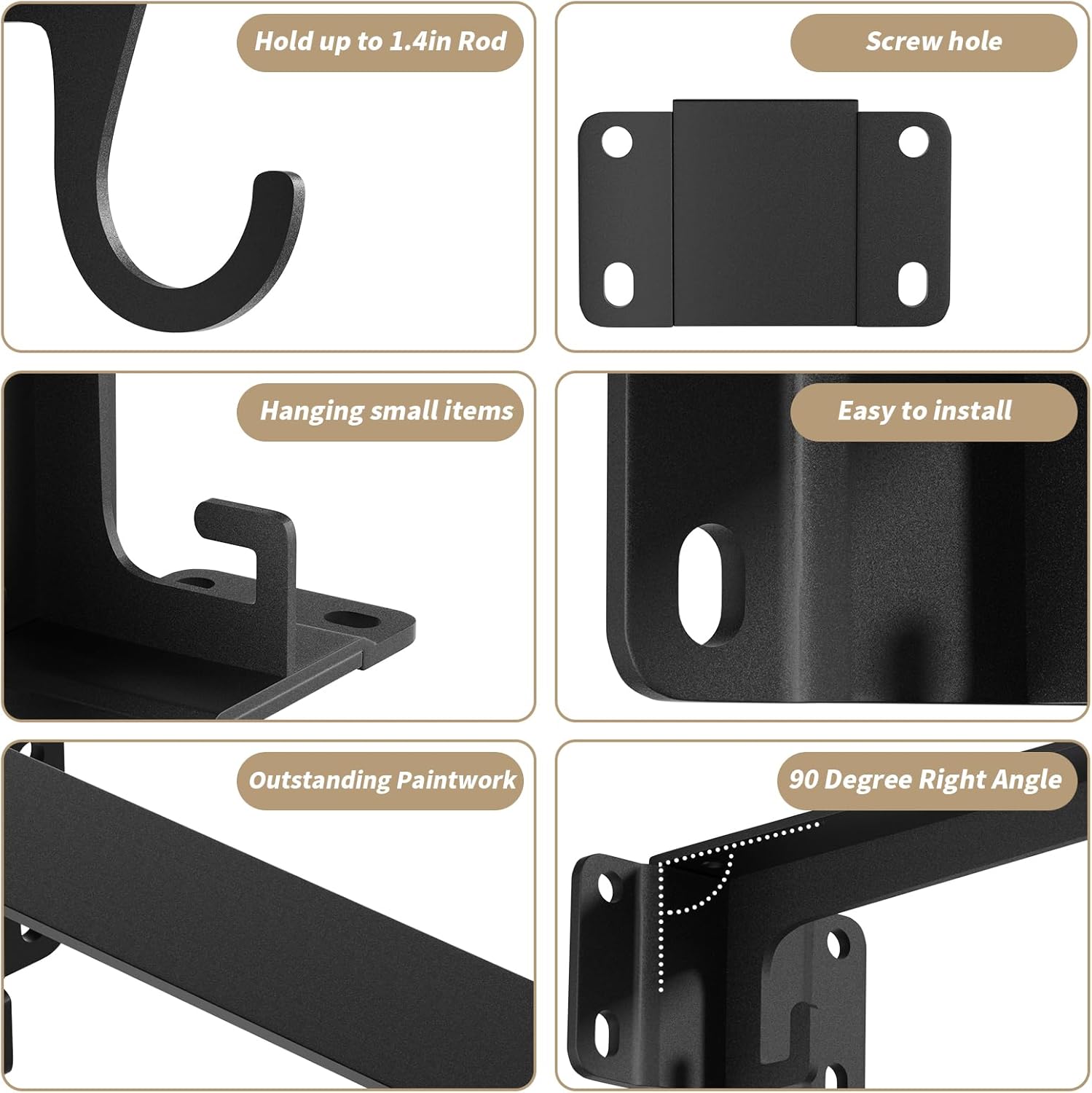 Small Closet Rod Bracket 9 inch Heavy Duty Wall Mounted Shelf Brackets with Rod Holders Support 200lbs for Closet, Walk-in Wardrobe（2pack black)