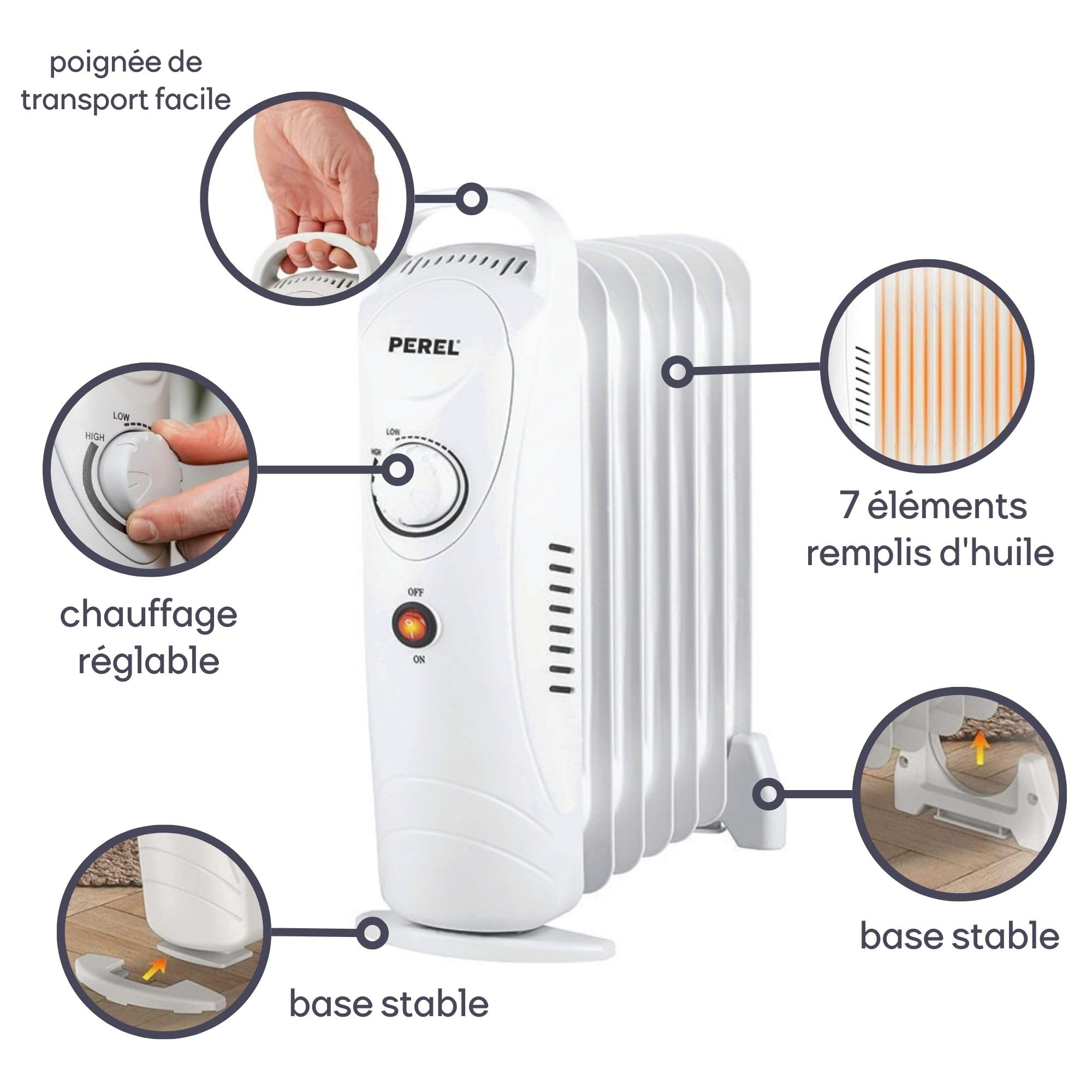 Perel Radiateur à bain d’huile 700 W, 7 éléments, chauffage bain d’huile, chauffage d’appoint, radiateur électrique, thermostat, poignée, roulettes, max.15 m², blanc
