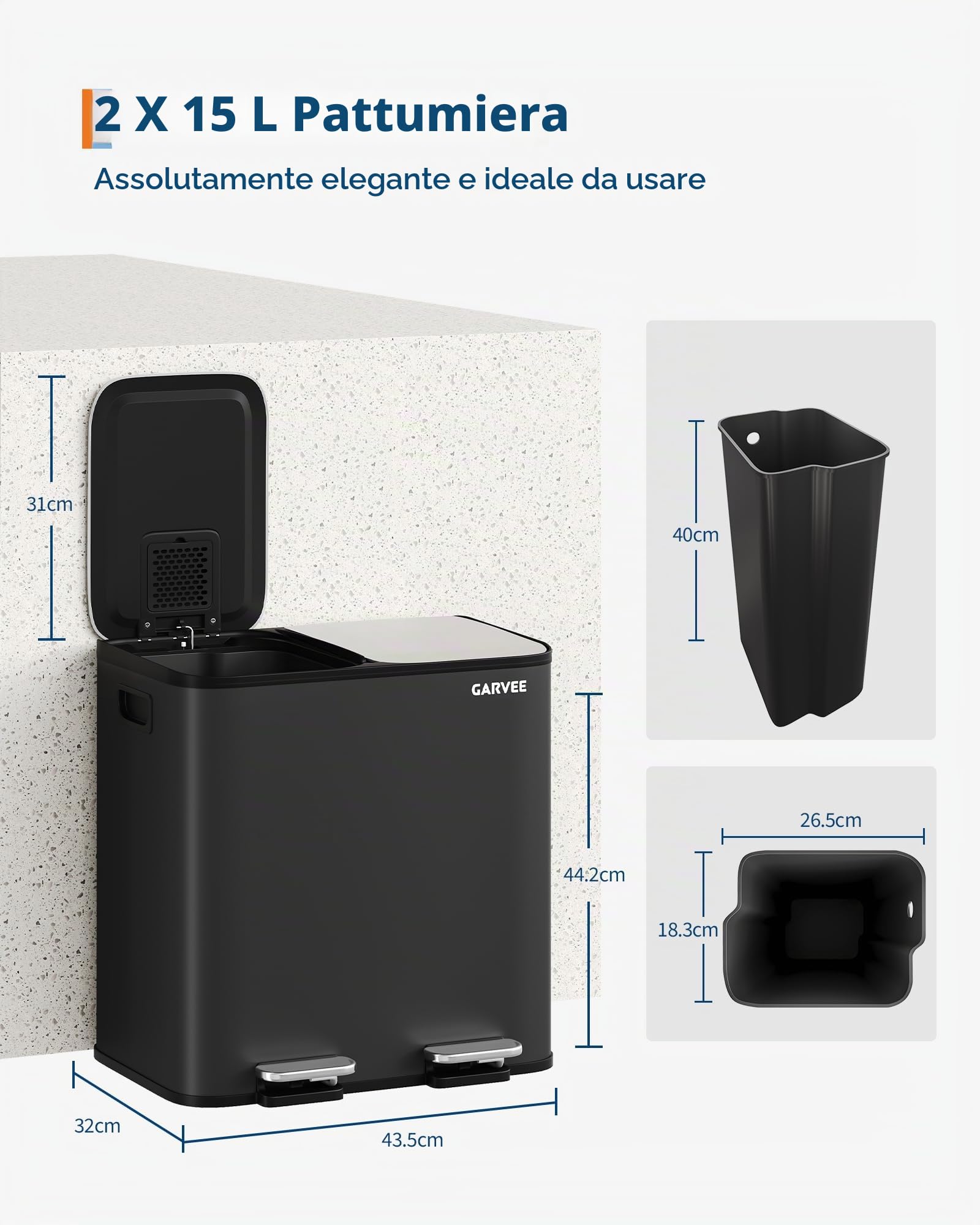 Garvee 2 x 15 L Bidone Cucina Doppio Scomparto Acciaio INOX, Pedale, Coperchi Soft-Close, Riciclo Rifiuti, Nero