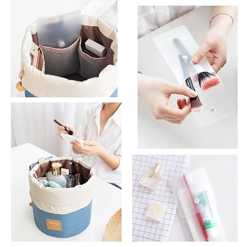 Miniatura 5 de INVODA 4 bolsas de cosméticos, 4 piezas en forma de barril, bolsas de maquillaje de viaje de gran capacidad, suaves, impermeables, portátiles, con
