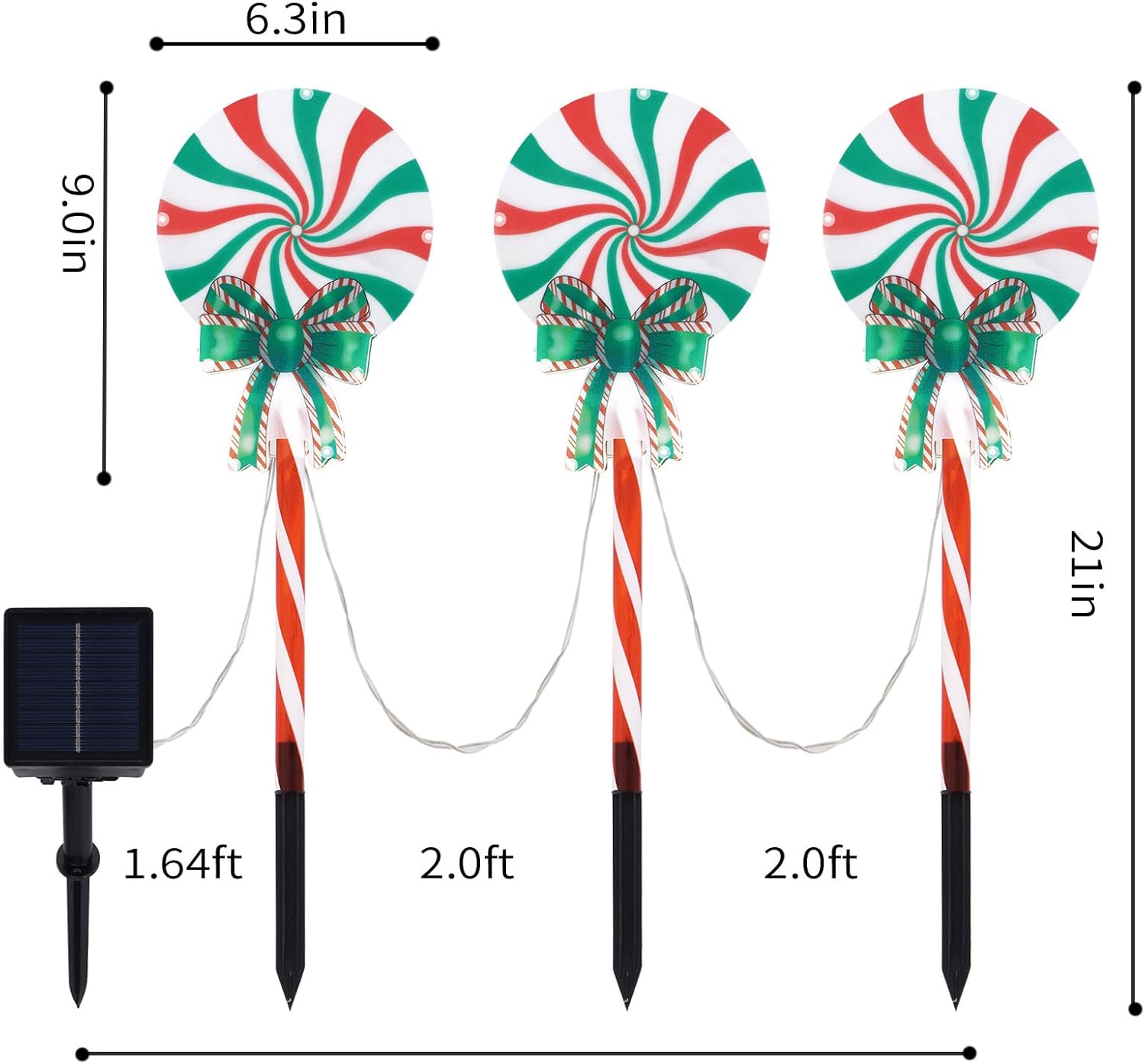 Set of 3 Solar Christmas Lights Decorations with 8 Lighting Modes, Solar Lollipop Pathway Stakes Lights, Outdoor Christmas Decor for Garden, Yard, Porch (Xmas Lollipop)