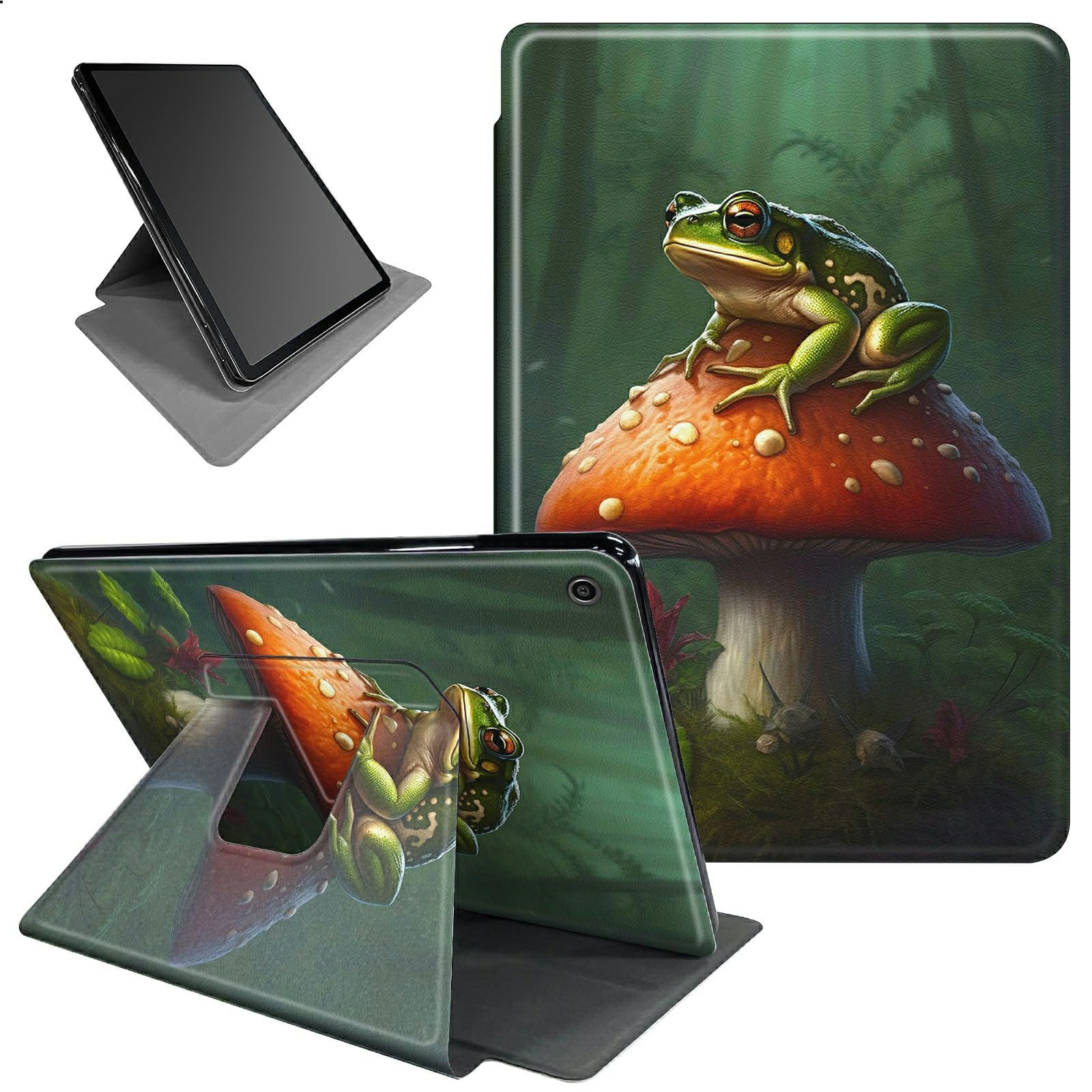for Kindle Fire 7 Tablet Case 9th/7th Generation 2019/2017 Release 7 inch 360 Rotating Degree Stand Lightweight Protective Smart Cover with Auto Wake/Sleep - Frog Mushroom