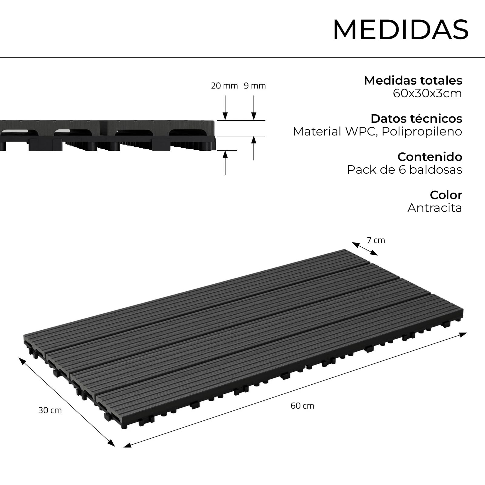 YOEVU - Baldosas de Exterior de Madera Composite WPC | Antideslizantes y Resistentes al Agua | Fácil Instalación | 1.08m² | Set de 6, Patio y Jardín, 30X60cm (Antracita)