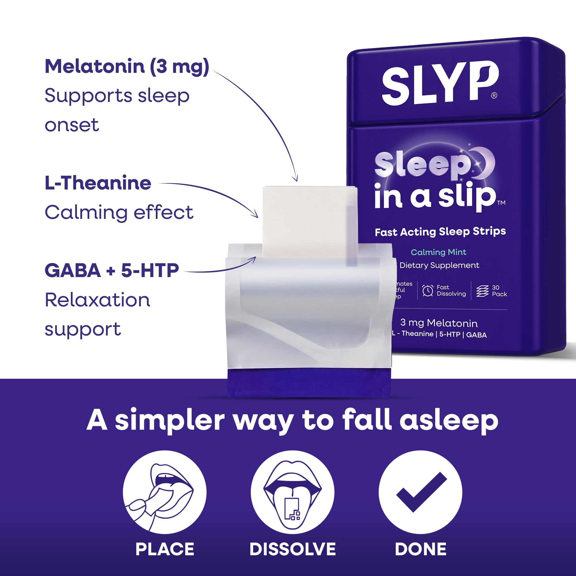 slyp Fast-Dissolving Oral Mint Sleep Strips, Natural Sleep Aid for Adults & Kids with Melatonin 3mg, L-Theanine, GABA & 5-HTP for Calm Support & Alternative to Sleeping Pills & Gummies – 30 Strips — Amazon image 3